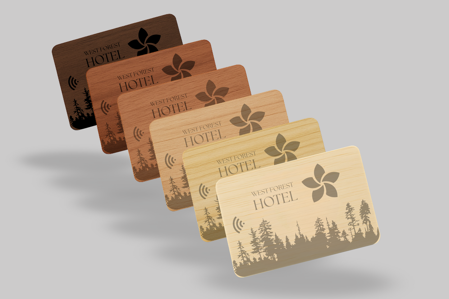 A photo of various RFID cards in wood