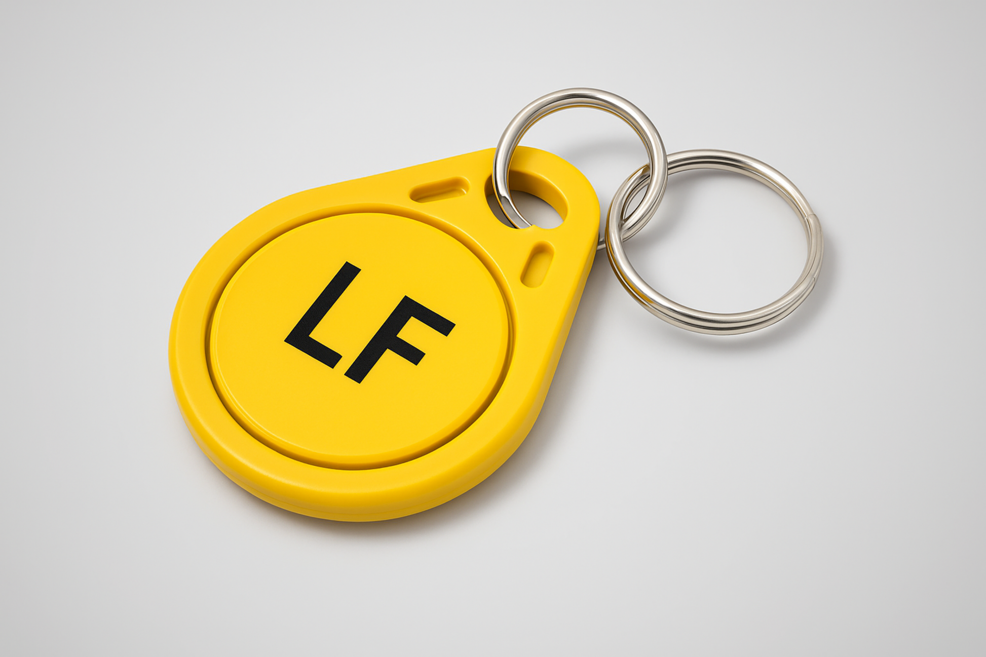 A photo of a yellow NFC key fob with low frequency