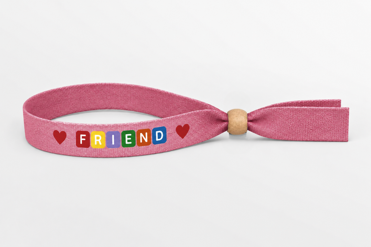 Pink bamboo fabric wristband with colour print and wooden lock