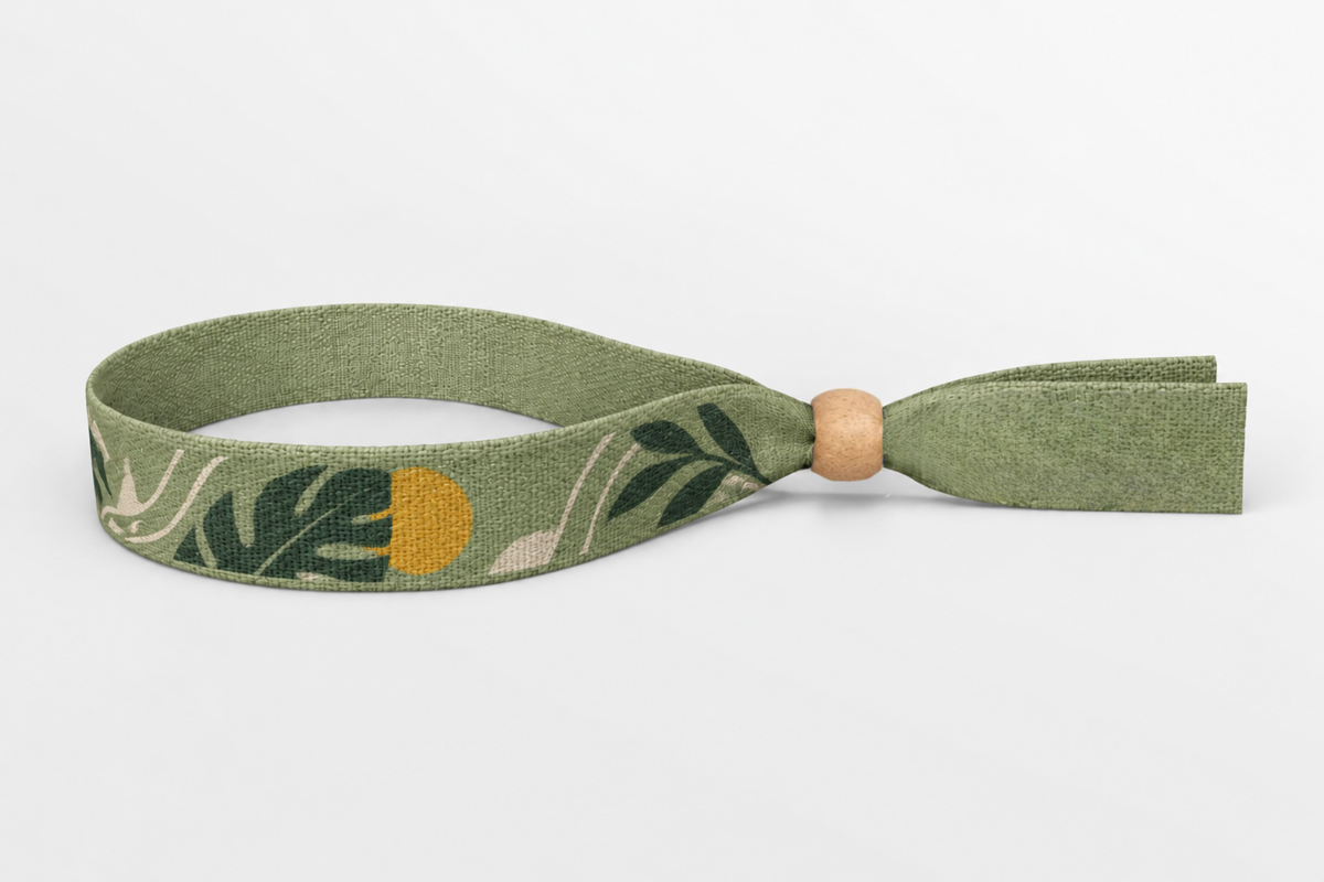 Green bamboo fabric wristband with leaf print and wooden lock
