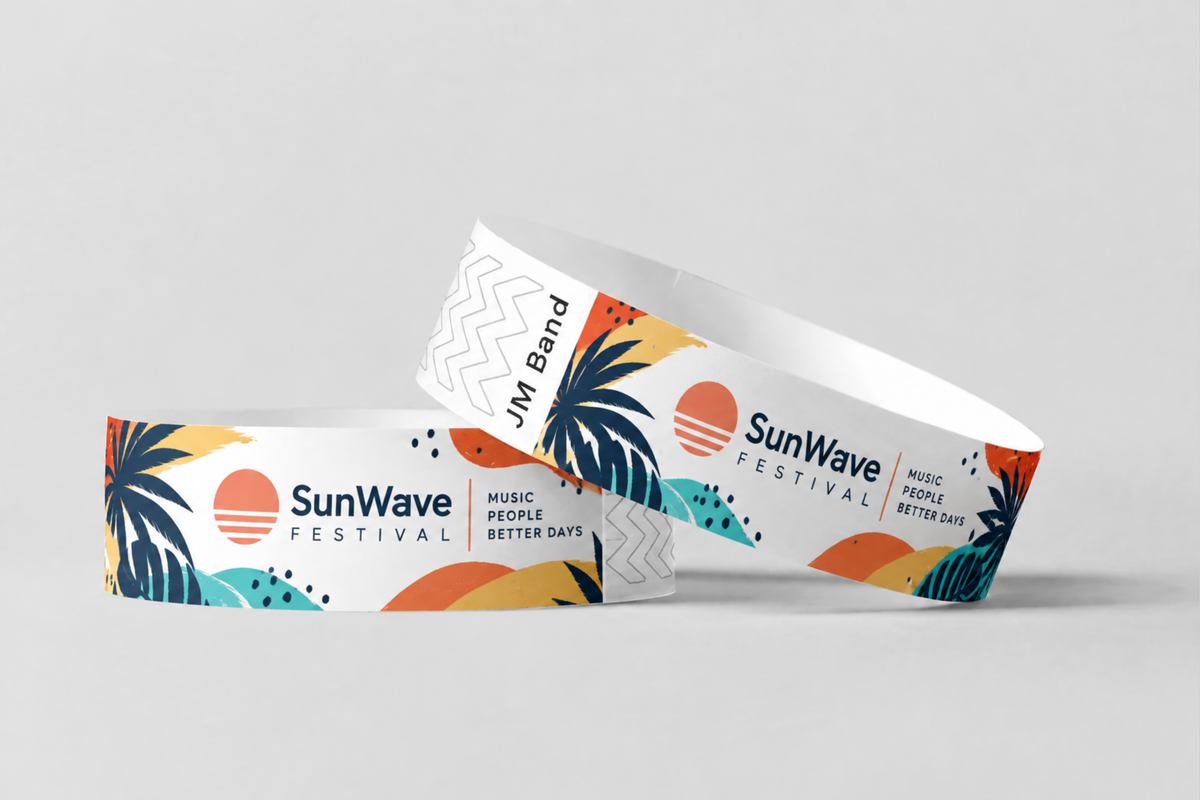 Two paper wristbands with full-colour sunset festival print