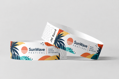 Two paper wristbands with full-colour sunset festival print