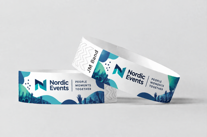Two paper wristbands with full-colour blue and green event logo
