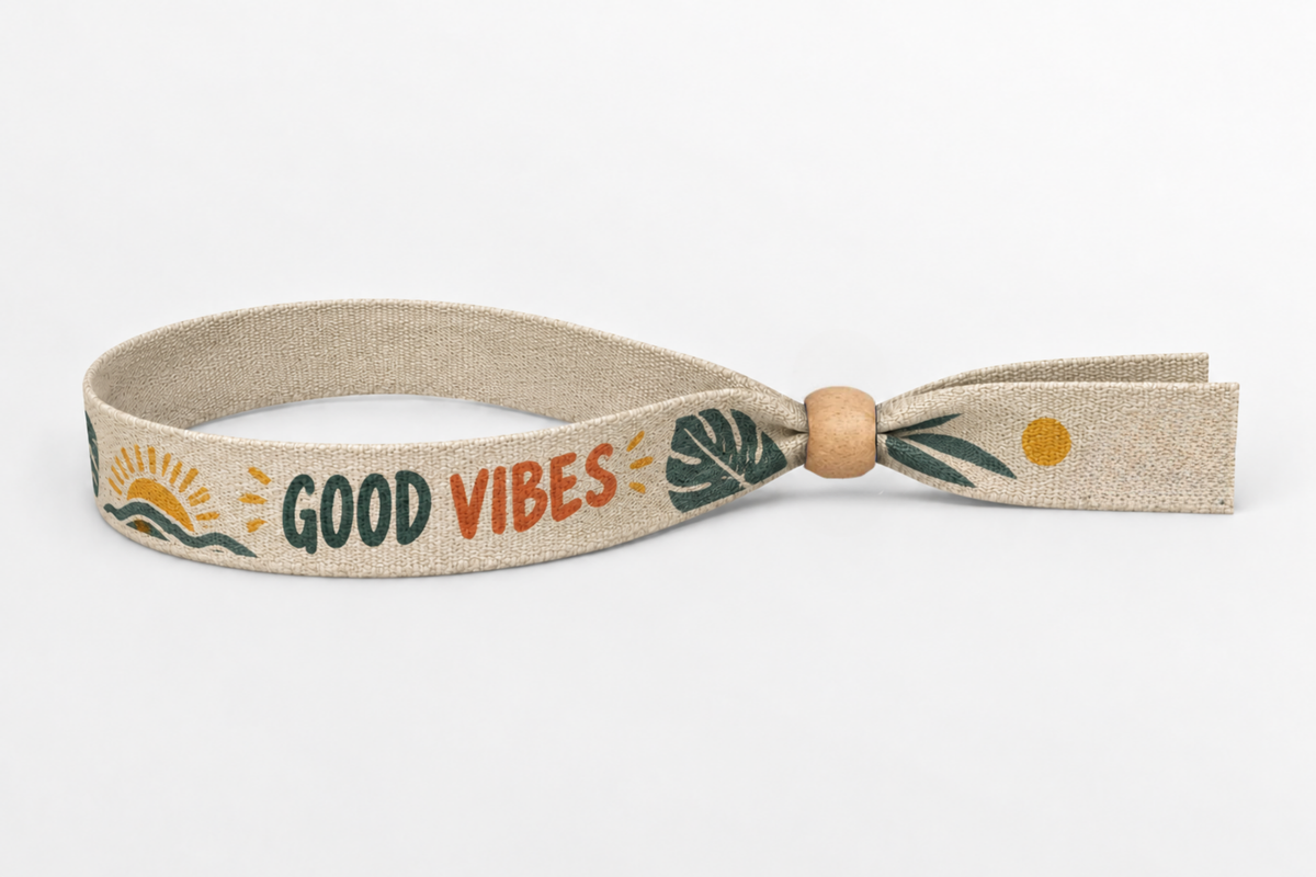 Beige cotton wristband with colourful Good Vibes print