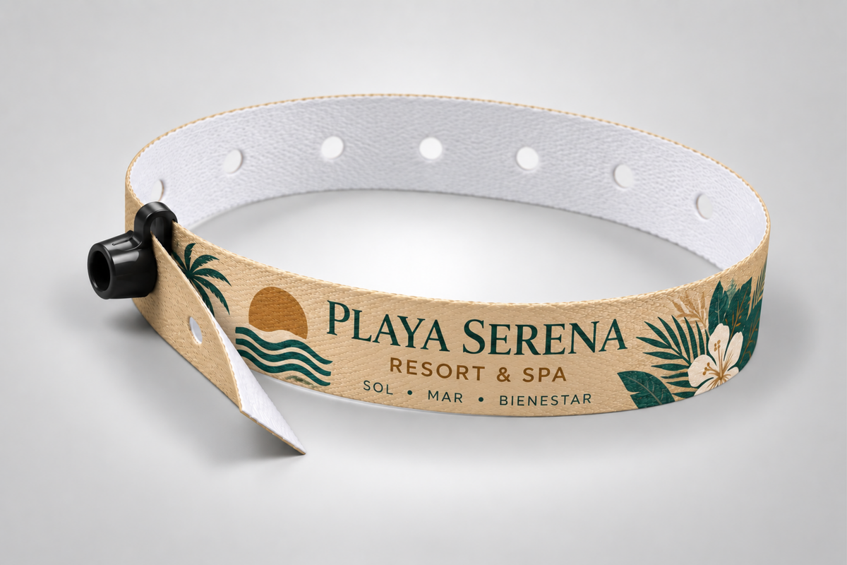 Beige fabric wristband with snap lock and printed resort logo