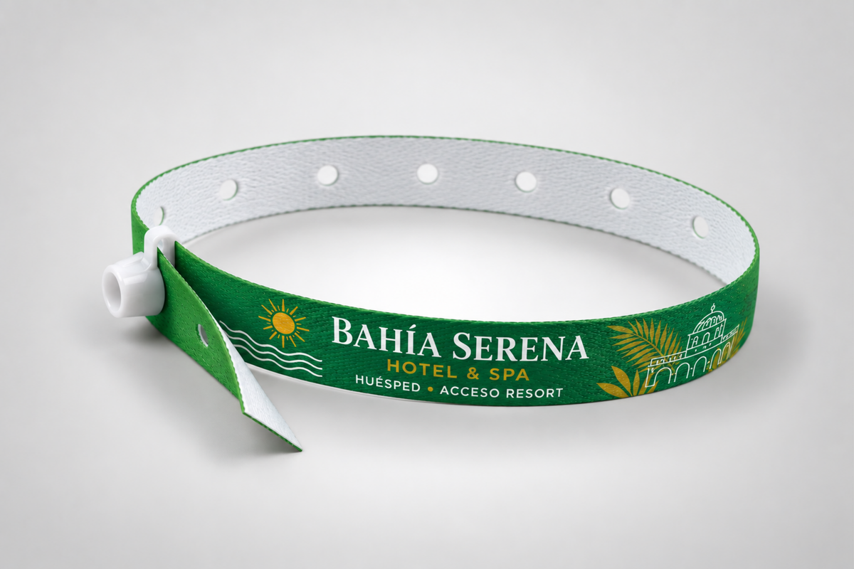 Green fabric wristband with white snap lock, side view