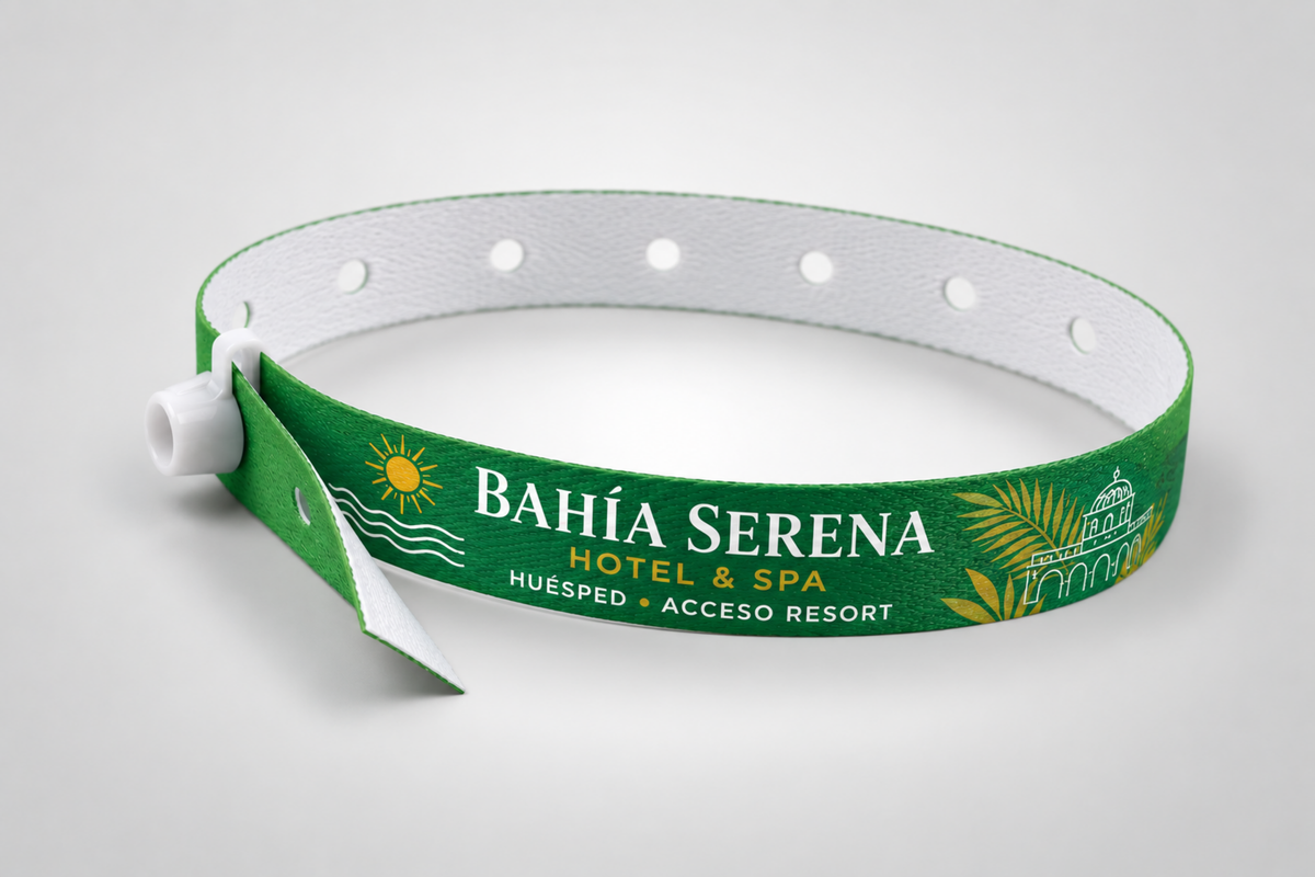Green fabric wristband with white snap lock and printed hotel logo
