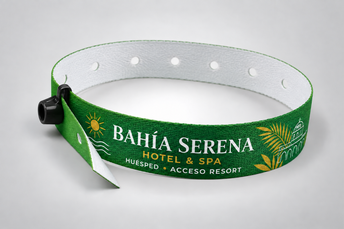 Green fabric wristband with black snap lock and printed hotel logo