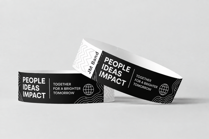 Two black paper wristbands with white print