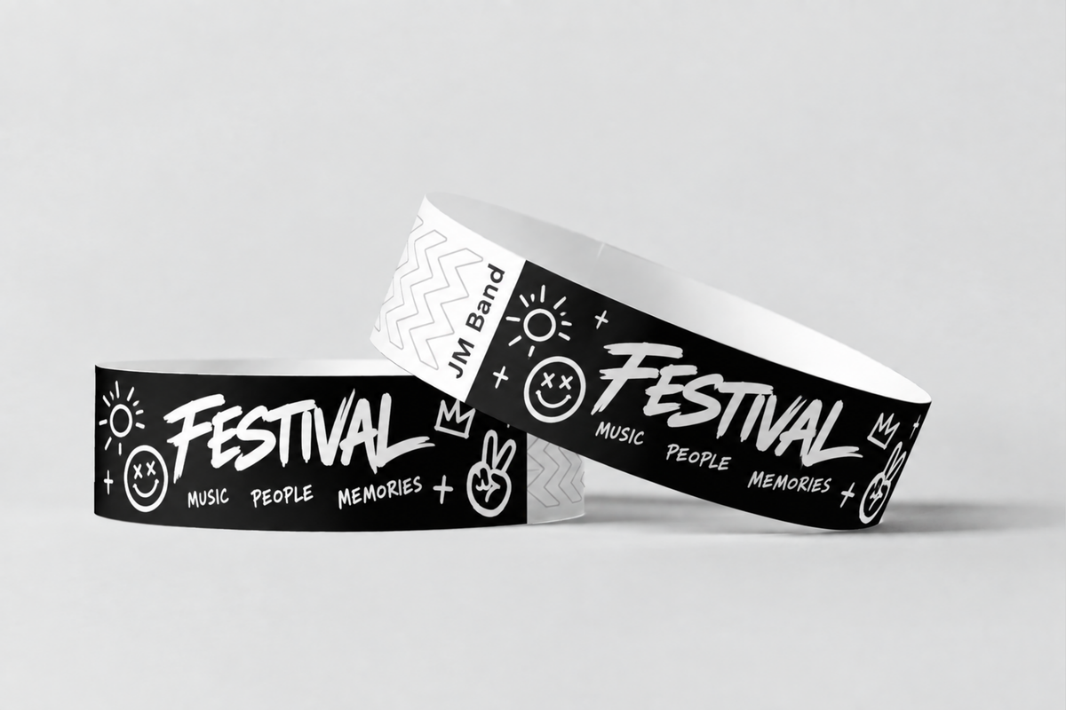 Two black paper wristbands with white festival print