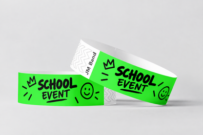 Two neon green paper wristbands printed with school event design