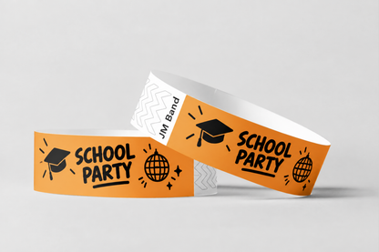 Two orange paper wristbands printed with school party design