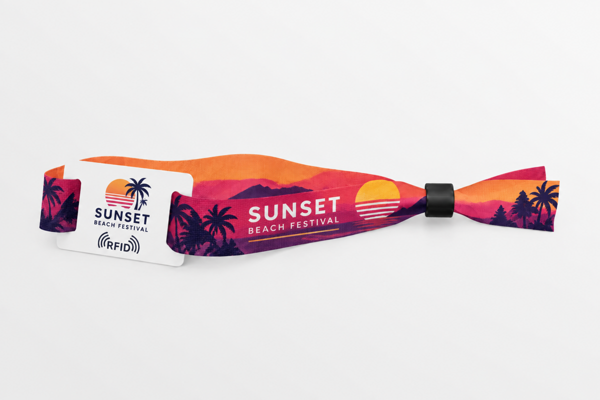 RFID rPET fabric wristband with orange sunset beach festival print