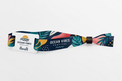 RFID rPET fabric wristband with colourful tropical festival print
