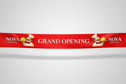 Red inauguration ribbon with custom color print from JM Band®.