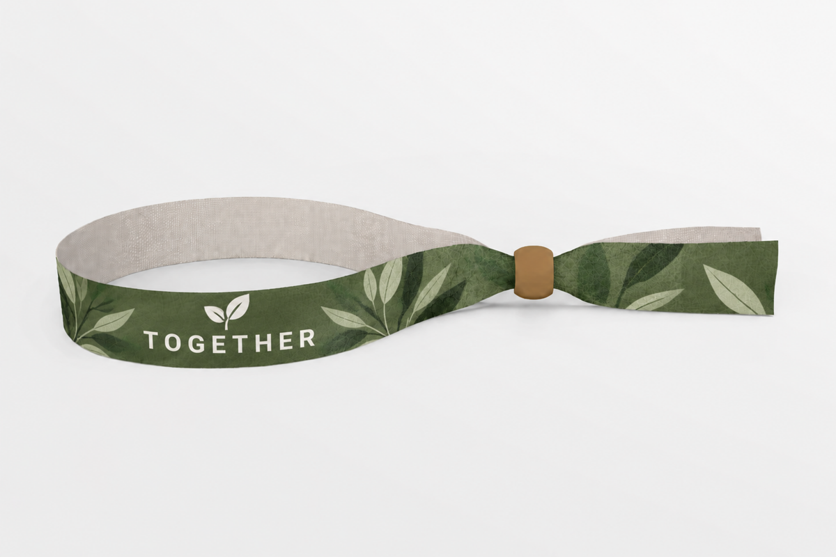 Olive green rPET fabric wristband with leaf print and wooden lock