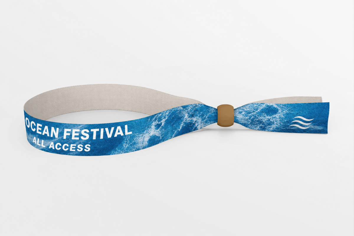 Blue rPET fabric wristband with ocean wave print and wooden lock