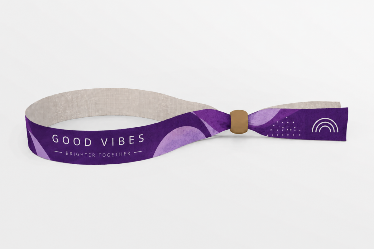 Purple rPET fabric wristband with watercolour print and wooden lock