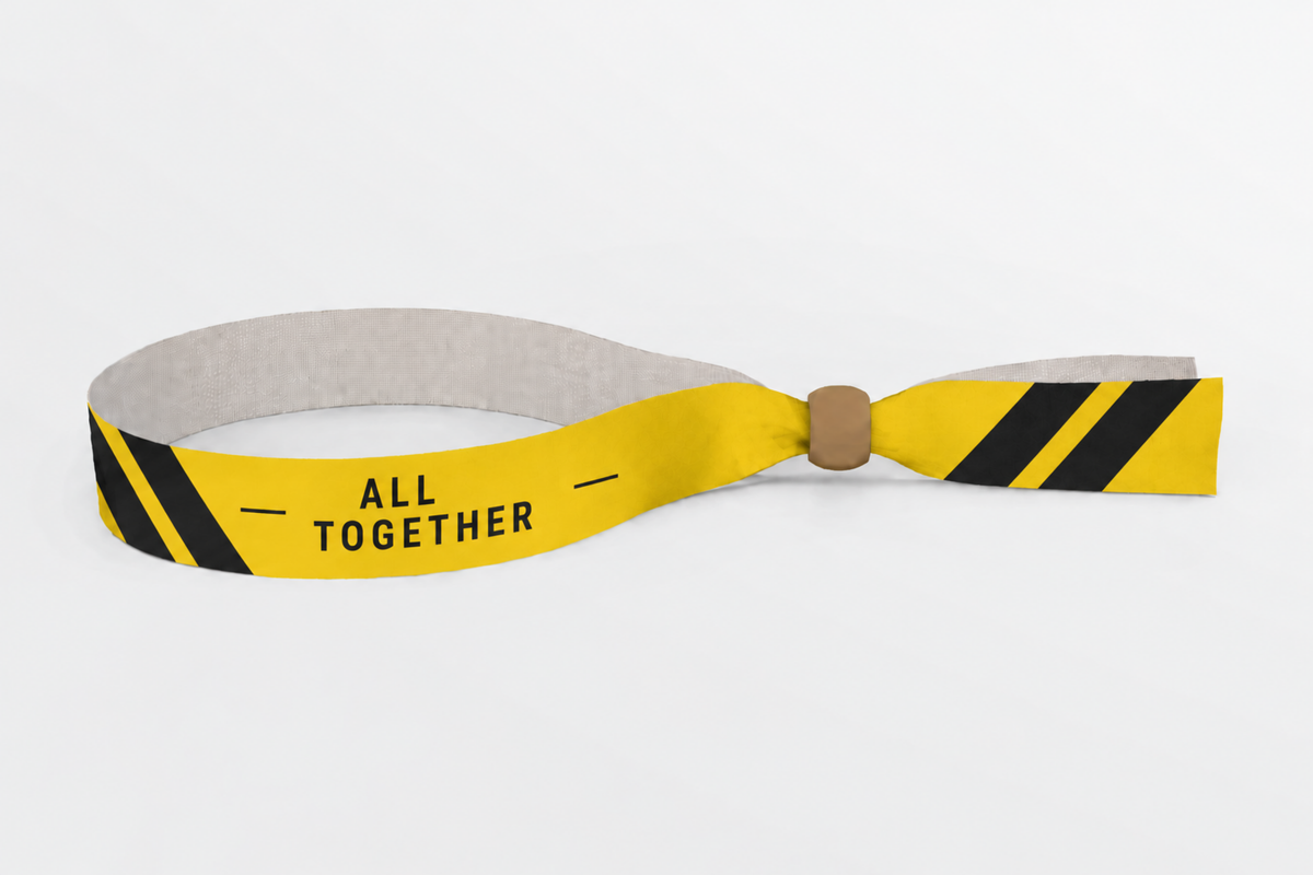 Yellow rPET fabric wristband with black stripes and wooden lock